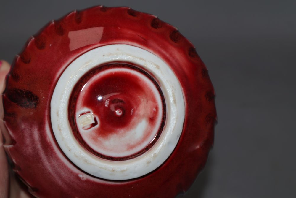 A David Leach fluted porcelain ox blood glazed vase, signed, with letter from David Leach, height 12cm